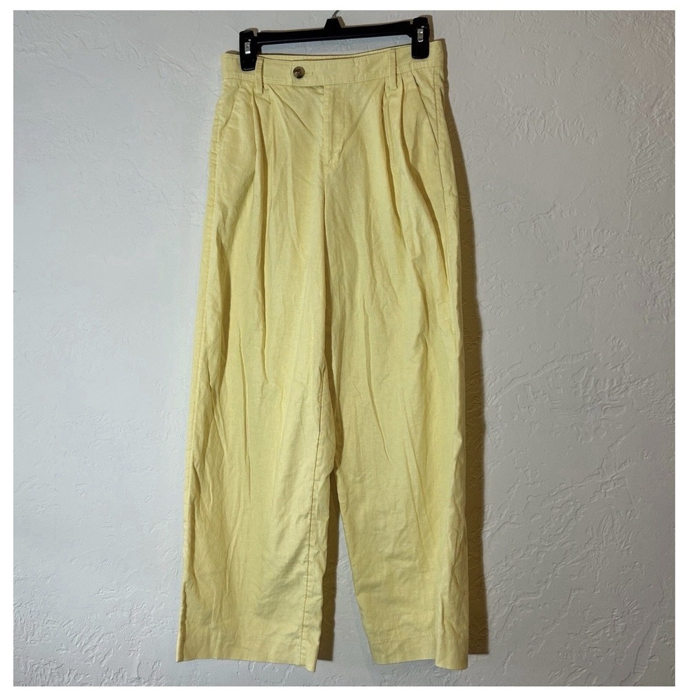 Banana Republic Trousers Linen Blend Pleated Wide Leg Womens 12 P Yellow Maize